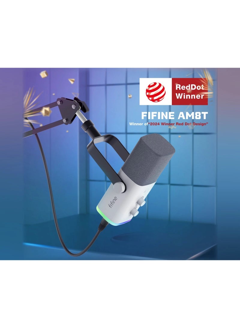 فيفين مجموعة ميكروفون ديناميكي FIFINE AmpliGame AM8T USB/XLR مع ذراع بوم ستاند، أبيض - Image 5