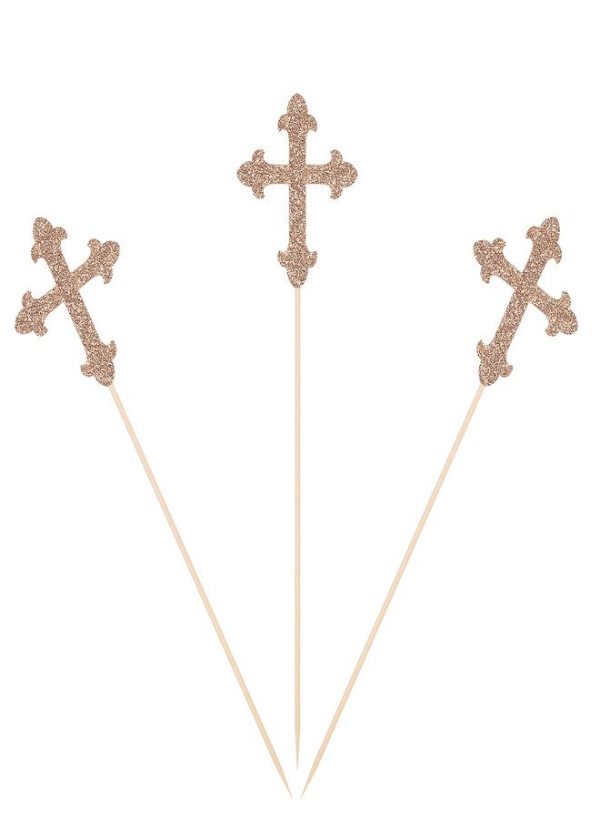 Giuffi Rose Gold Glitter Cross Centerpiece Sticks for Baptism Christening Party Table Toppers Flower Decorations - Pack of 10 - Image 1