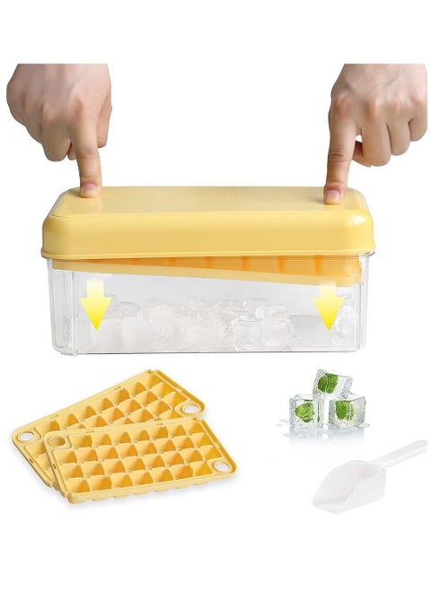 Ice Cube Tray, Square Ice Trays for Freezer with Lid & Bin, Square Ice Cube Mold, 2 Tiers, 1 Ice Bucket and Shovel, Easy Release Stackable Spill-Resistant(Yellow)
