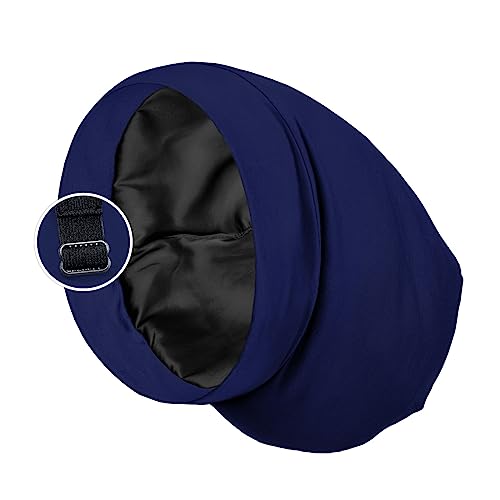 PARISBELLA Satin Lined Sleep Cap Bonnet for Curly Hair and Braids, Stay On All Night Hair Wrap with Adjustable Strap for Women and Men, Navy Blue, Pack of 1 - Image 1