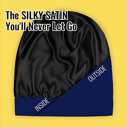 PARISBELLA Satin Lined Sleep Cap Bonnet for Curly Hair and Braids, Stay On All Night Hair Wrap with Adjustable Strap for Women and Men, Navy Blue, Pack of 1 - Image 2