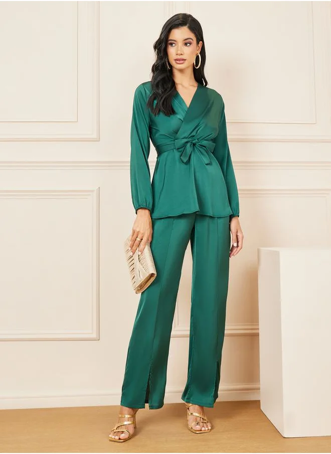 Styli Solid Wrap Top & Slit Detail Pants Co-Ord