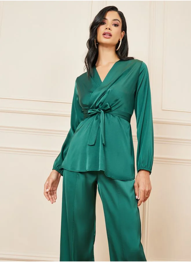Styli Solid Wrap Top & Slit Detail Pants Co-Ord