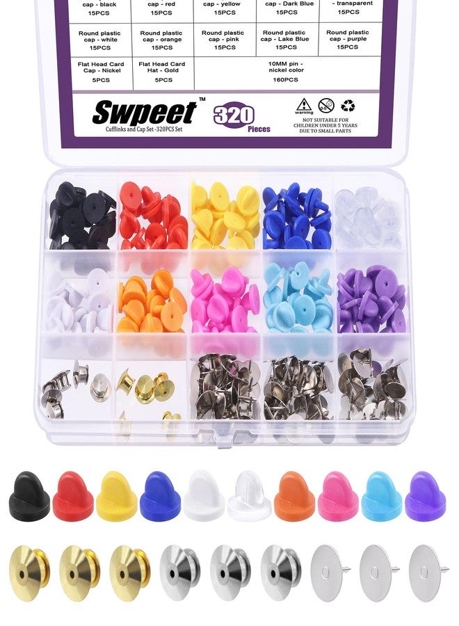 Swpeet 320Pcs Rubber Pin Backs Locking Butterfly Clutch with 10mm Blank Pins Kit, Locking Pin Backs with Storage Case, Tie Tacks Keepers Replacement Fits for Uniform Badges and Craft Making - Image 1