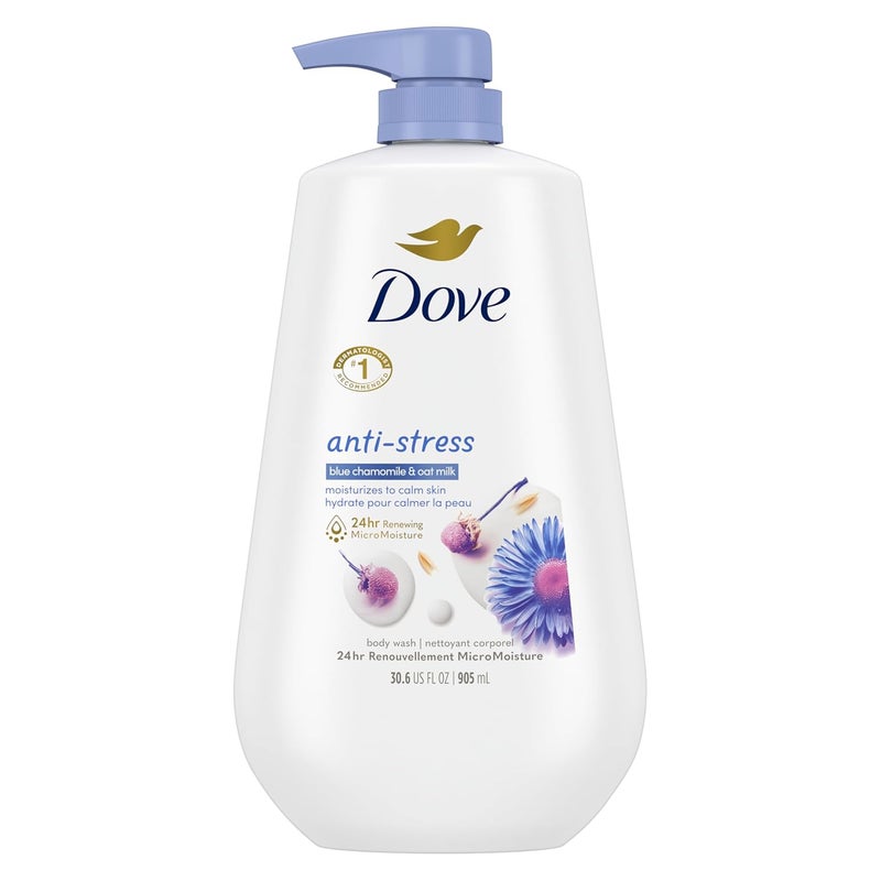 Dove Body Wash with Pump AntiStress Blue Chamomile Oat Milk for 24hr LotionSoft Skin Moisturizing Skin Cleanser with No Sulfates No Parabens 306 oz - Image 1