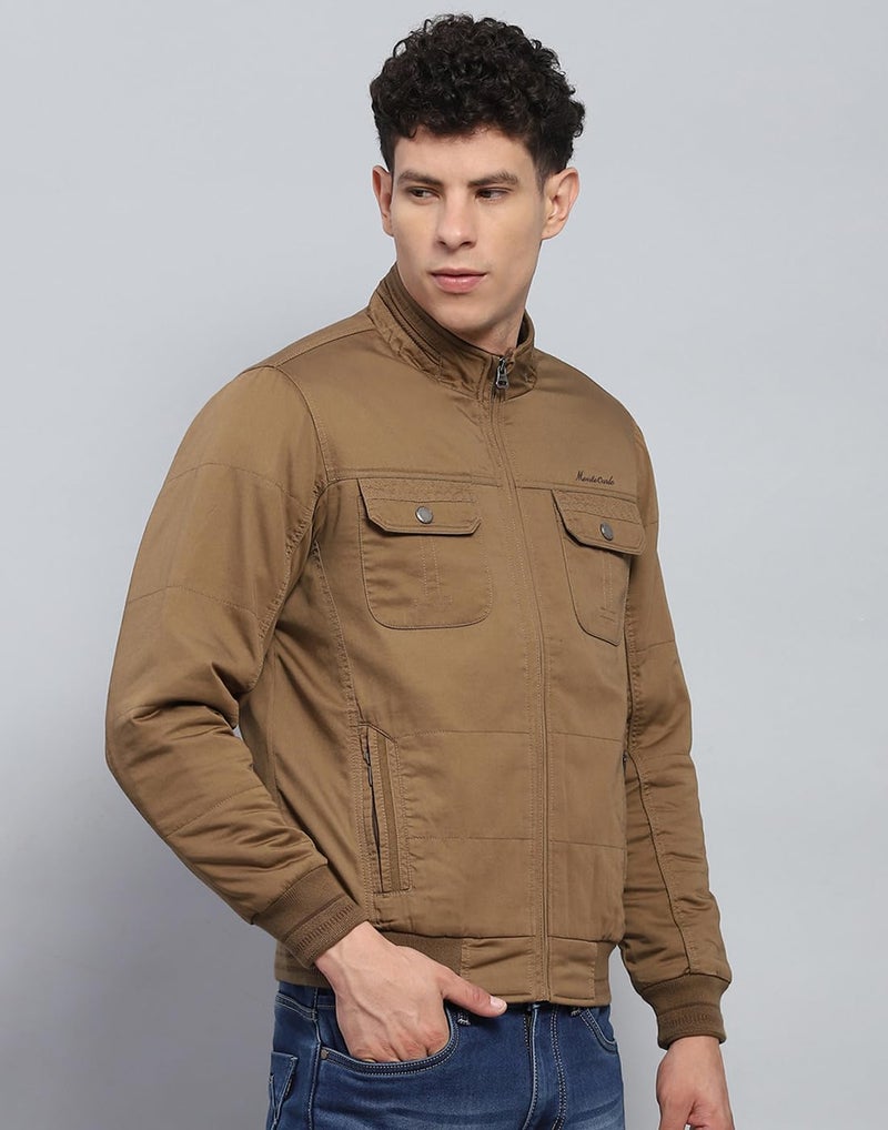 Monte Carlo Mens Solid Brown Mock Neck Full Sleeve Jacket (224066736-2-46) - Image 3