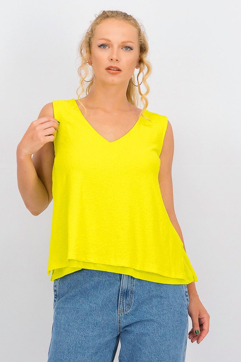 Mohito Women V-Neck Sleeveless Textured Top, Yellow - Image 1