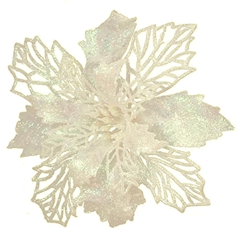 GL-Turelifes Pack of 12 Glitter Artificial Poinsettia Flowers Christmas Wreath Christmas Tree Flowers Ornaments 6(16cm) Diameter with 12 Pcs Green Soft Stings (Beige) - Image 2