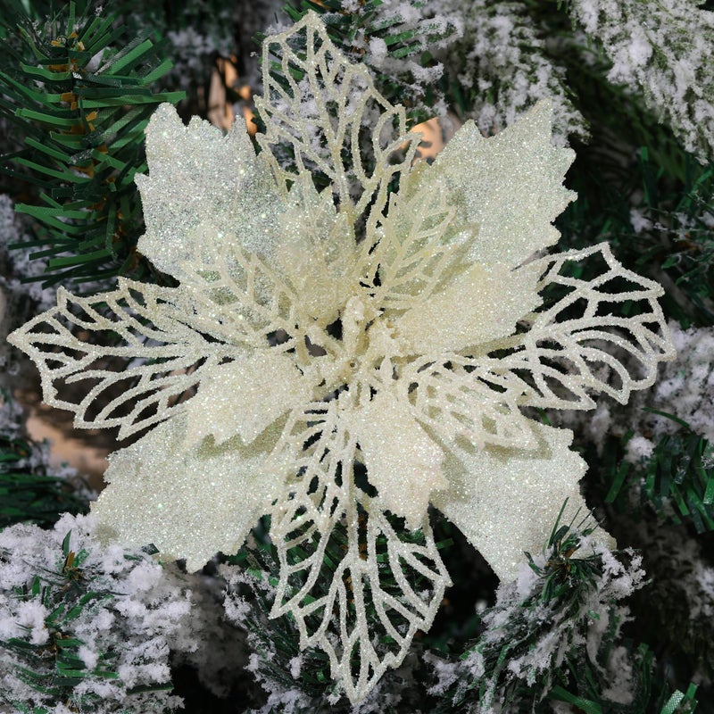 GL-Turelifes Pack of 12 Glitter Artificial Poinsettia Flowers Christmas Wreath Christmas Tree Flowers Ornaments 6(16cm) Diameter with 12 Pcs Green Soft Stings (Beige) - Image 1