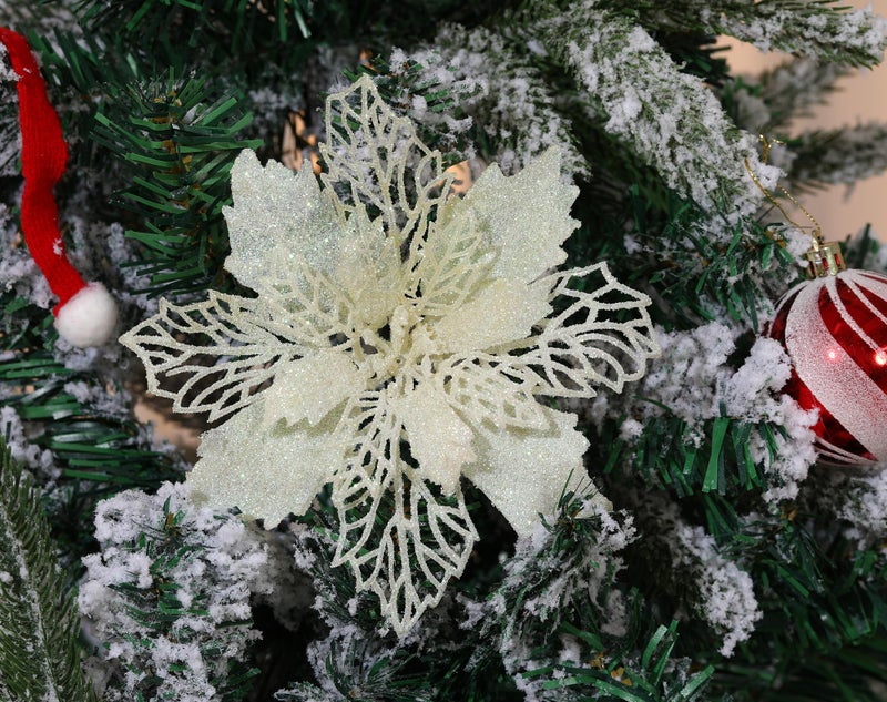 GL-Turelifes Pack of 12 Glitter Artificial Poinsettia Flowers Christmas Wreath Christmas Tree Flowers Ornaments 6(16cm) Diameter with 12 Pcs Green Soft Stings (Beige) - Image 3