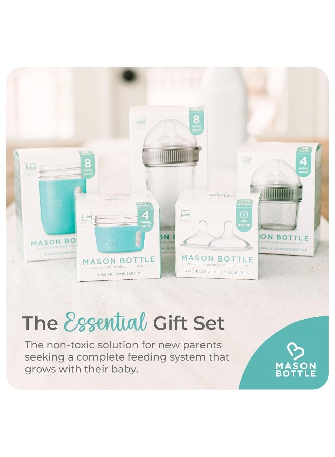 Mason Bottle Baby Glass Bottle Gift Set – Includes 8oz & 4oz Feeding Bottles, Slow & Medium Flow Nipples, Silicone Sleeves, Caps and Rings – BPA-Free, Non-Toxic, Anti-Colic - Image 5