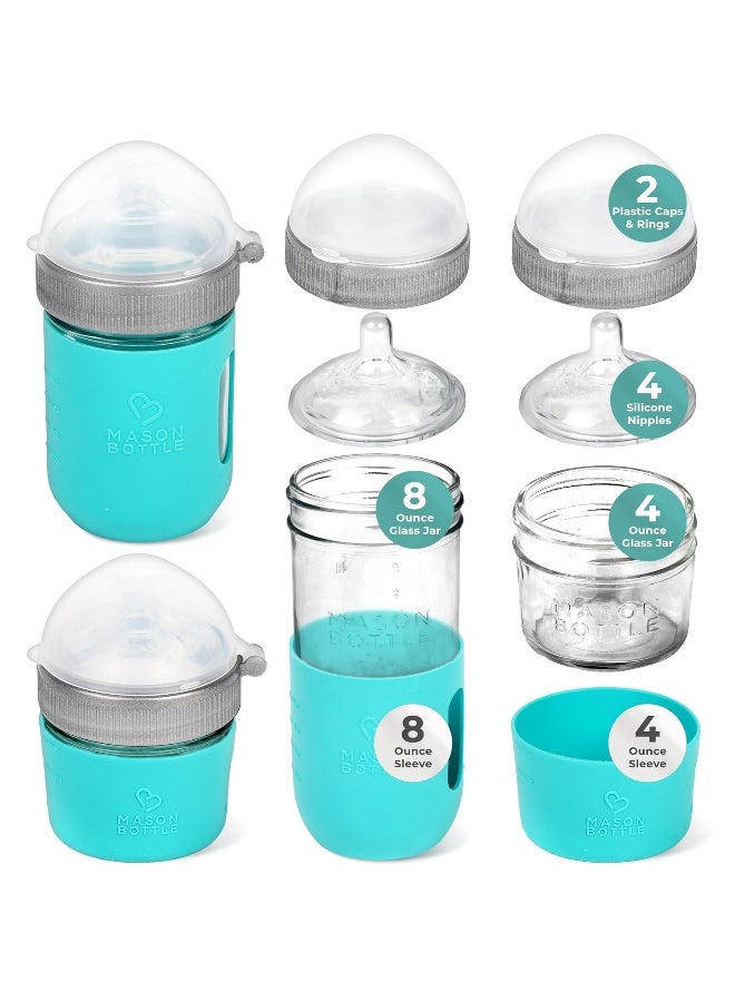 Mason Bottle Baby Glass Bottle Gift Set – Includes 8oz & 4oz Feeding Bottles, Slow & Medium Flow Nipples, Silicone Sleeves, Caps and Rings – BPA-Free, Non-Toxic, Anti-Colic - Image 1