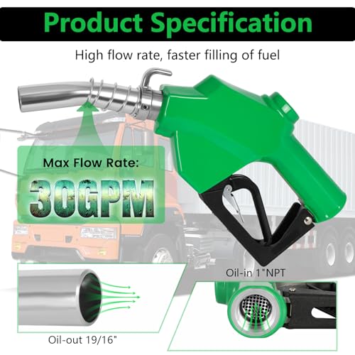 Azdele 1" NPT Automatic Fuel Nozzle & Hook, Diesel Gas Pump Handle, 19/16"(OD=30mm) Max Flow 30GPM, Fuel Transfer Pump Nozzle For Gasoline, Diesel, Biodiesel, Kerosene, Auto Shut Off 3-speed Latch - Image 4