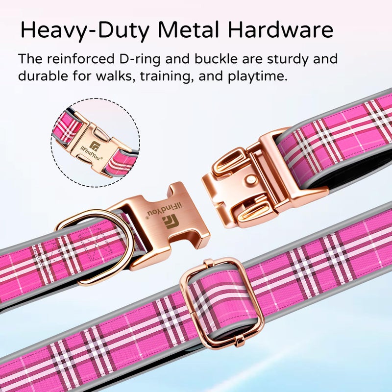 ilFindYou Dog Collar for Medium Dogs, Stylish Rose red Checkered Plaid, Elegant Reflective and Adjustable Puppy Collar with Metal Buckle, Suitable for Female Dogs M - Image 2
