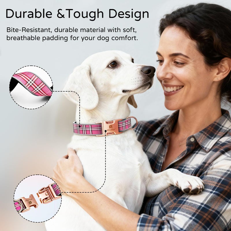ilFindYou Dog Collar for Medium Dogs, Stylish Rose red Checkered Plaid, Elegant Reflective and Adjustable Puppy Collar with Metal Buckle, Suitable for Female Dogs M - Image 3