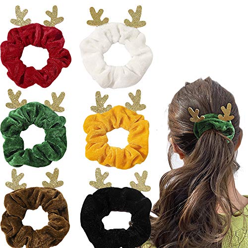 DINPREY Christmas Scrunchies for Hair Solid Colors Hair Scrunchies Velvet Elastics Bobbles Hair Bands Scrunchy Hair Tie Ropes for Woman Girls Antlers Elastic Hair Ties Ponytail Holder for Christmas Costume - Image 2