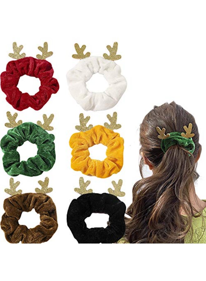 DINPREY Christmas Scrunchies for Hair Solid Colors Hair Scrunchies Velvet Elastics Bobbles Hair Bands Scrunchy Hair Tie Ropes for Woman Girls Antlers Elastic Hair Ties Ponytail Holder for Christmas Costume - Image 1