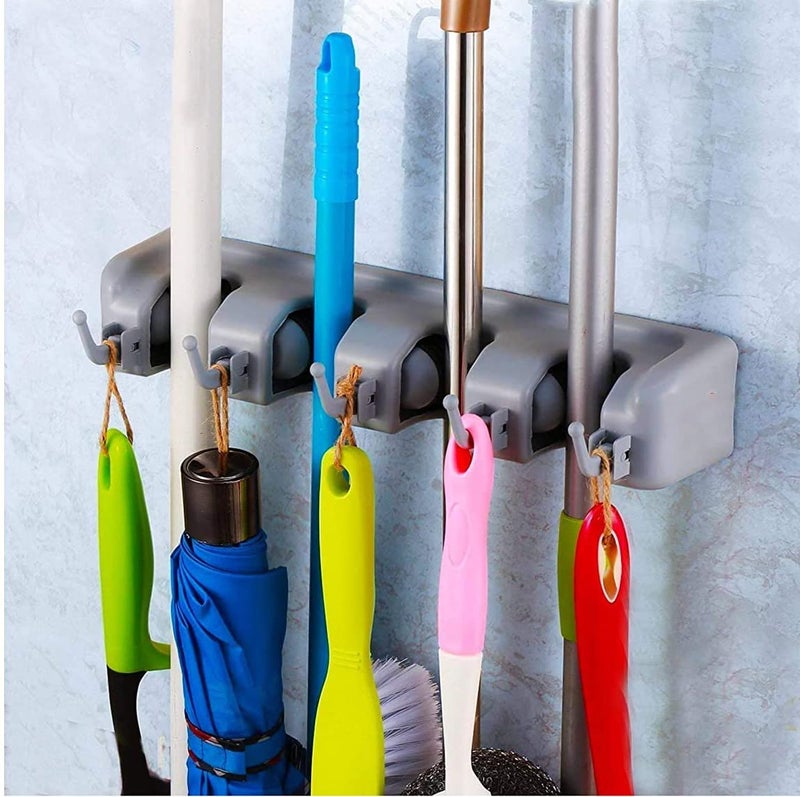 ACHAL Plastic Mop Broom Holder 4 Slot Position for mopBroom with 5 Hooks for Hanging Clraning Supply Garage Storage Holder Wall Mounted up to 9 Tools Rack Multicolor