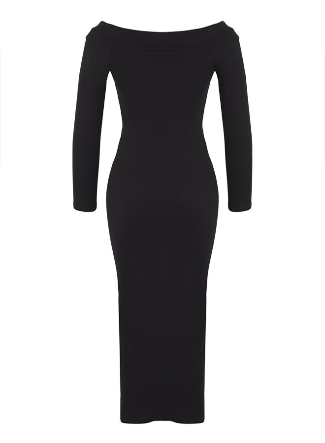 trendyol Black Carmen Collar Button Bodycone/Fitted Ribbed Stretchy Straight Maxi Knitted Dress - Image 5