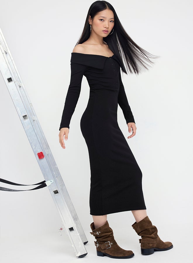trendyol Black Carmen Collar Button Bodycone/Fitted Ribbed Stretchy Straight Maxi Knitted Dress - Image 1