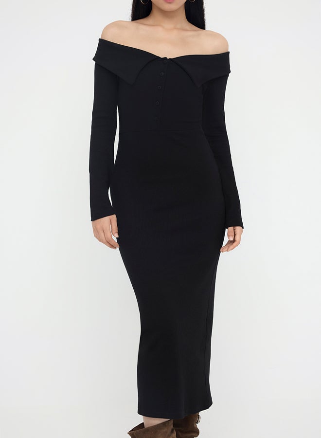 trendyol Black Carmen Collar Button Bodycone/Fitted Ribbed Stretchy Straight Maxi Knitted Dress - Image 3