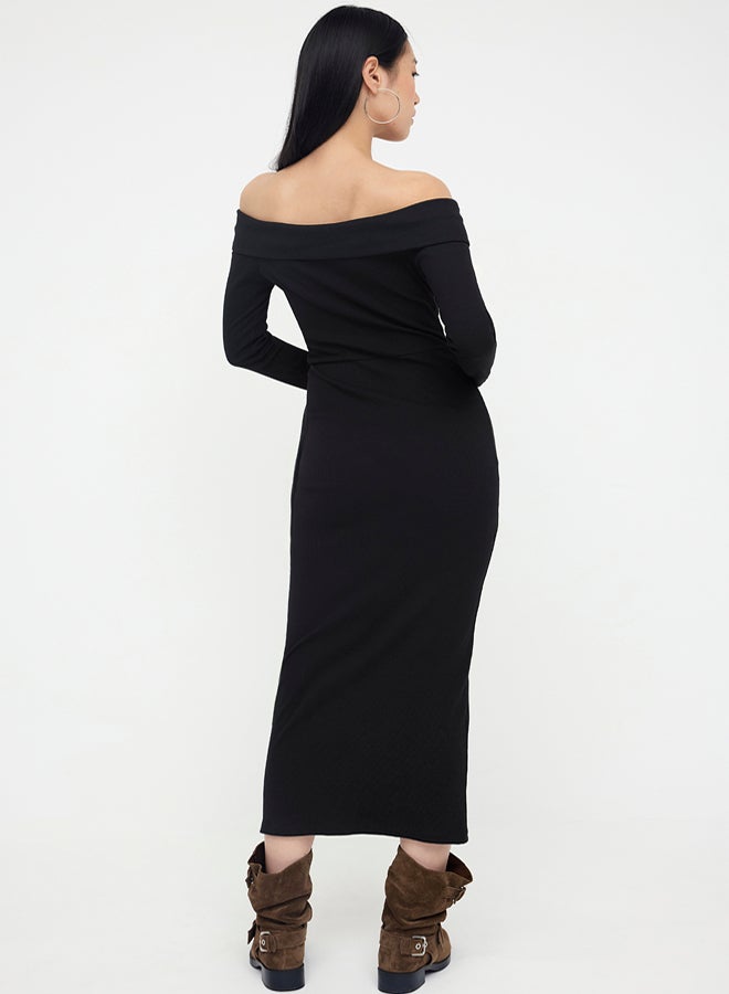 trendyol Black Carmen Collar Button Bodycone/Fitted Ribbed Stretchy Straight Maxi Knitted Dress - Image 4