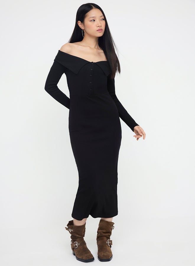trendyol Black Carmen Collar Button Bodycone/Fitted Ribbed Stretchy Straight Maxi Knitted Dress - Image 2