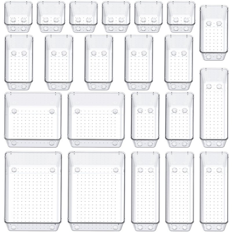 SMARTAKE 22Piece Drawer Organizer with NonSlip Silicone Pads 5Size Clear Desk Drawer Organizer Trays Storage Tray for Makeup Jewelries Utensils in Bedroom Dresser Office and Kitchen Clear