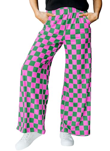 IWOLLENCE Women's Casual Loose Checkered Wide Leg Pants High Waist Straight Lounge Y2K Gingham Trousers Fall Hot Pink Green, XL - Image 1