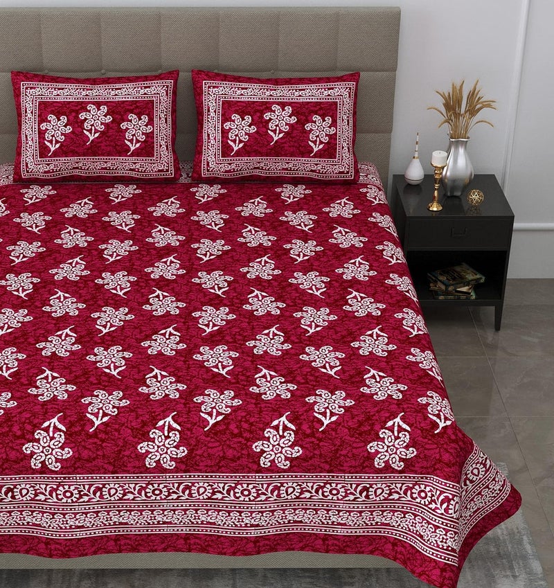 SheetKart 144 TC 100 Cotton Batik Printed Double Bedsheet with 2 Pillow Covers Burgundy Red - Image 2