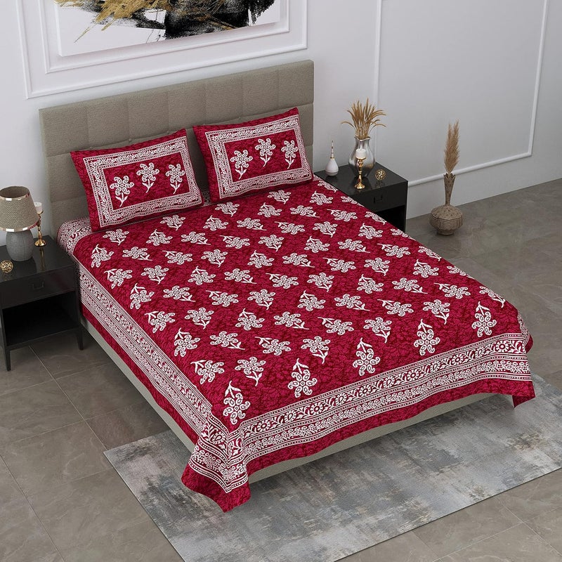 SheetKart 144 TC 100 Cotton Batik Printed Double Bedsheet with 2 Pillow Covers Burgundy Red - Image 3