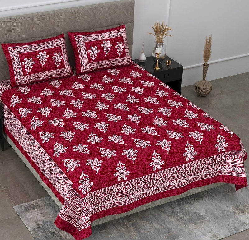 SheetKart 144 TC 100 Cotton Batik Printed Double Bedsheet with 2 Pillow Covers Burgundy Red - Image 1