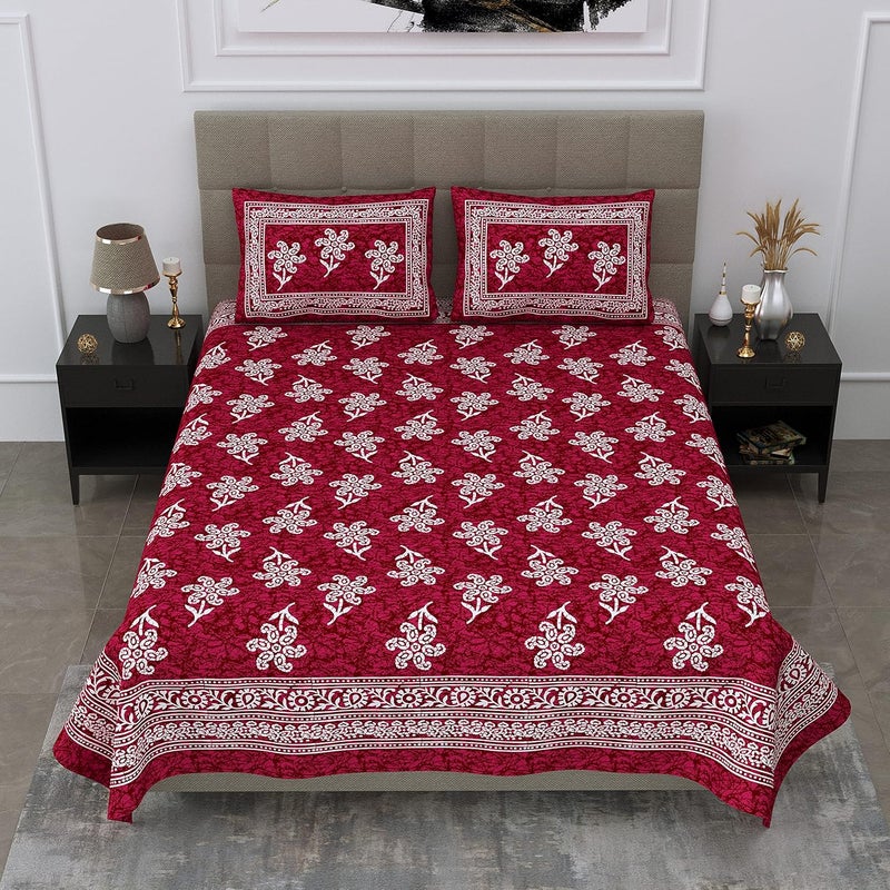 SheetKart 144 TC 100 Cotton Batik Printed Double Bedsheet with 2 Pillow Covers Burgundy Red - Image 4