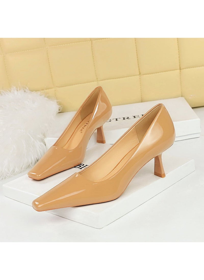 6183-1 Korean style spring and autumn fashionable simple patent leather womens shoes stiletto high heel low-cut square toe all-match high heels single-layer shoes Nude