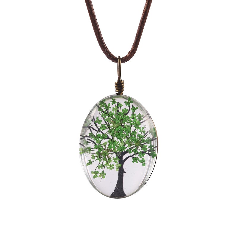 FM FM42 Green Life of Tree Queen Anne's Lace Dried Flowers Oval Pendant Necklace FN4072 - Image 4