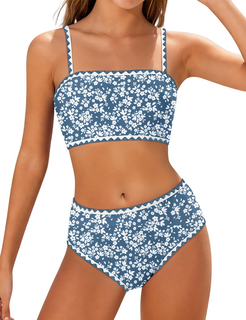 ADIFUN Girls Swimsuits Size 10-12 Adjustable Shoulder Straps with Chest Pad Bikini with Cover Up Skirt 3Pcs Swimwear Set Girl Bathing Suit Gray Blue Flower - Image 1