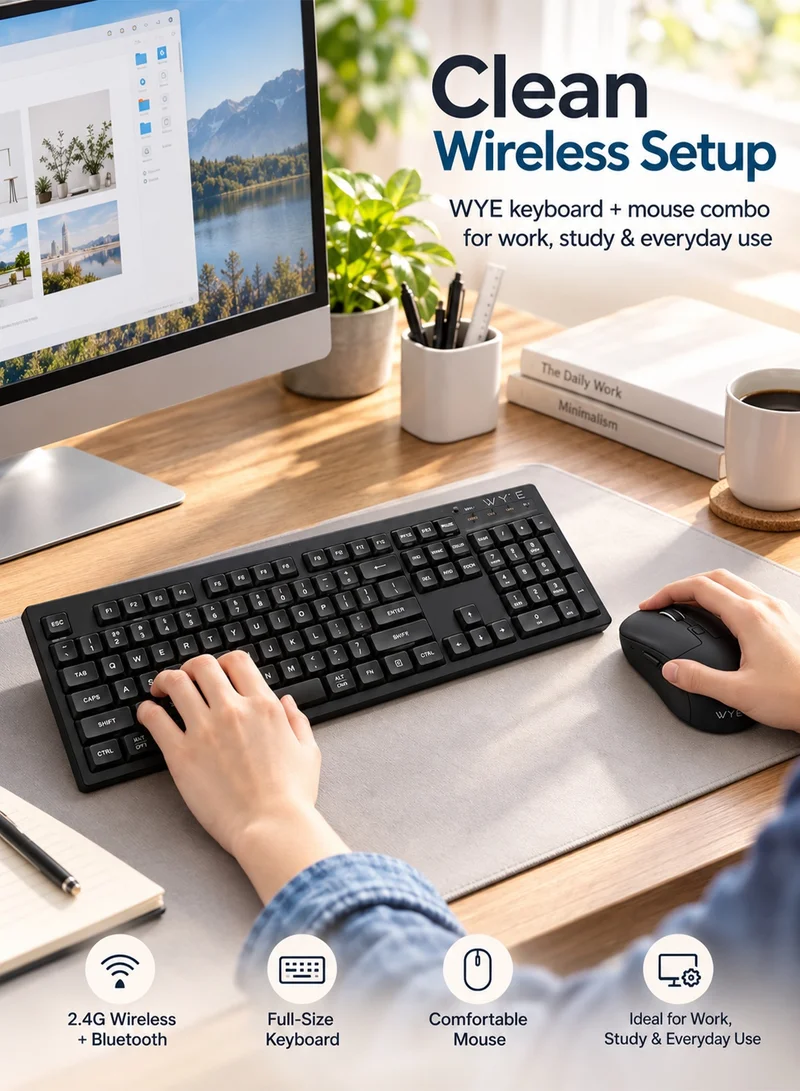 واي مجموعة لوحة مفاتيح وماوس لاسلكية WYE، لوحة مفاتيح بثلاثة أوضاع 2.4G بلوتوث وسلكي، ماوس بوضع مزدوج، 108 مفاتيح، شحن USB-C، أسود