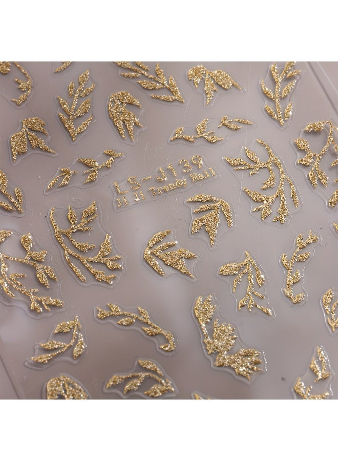 Rozino 1pc 3D Golden Glitter Leaf Nail Art Stickers, Shiny Shimmer Self-Adhesive Floral Decals for DIY Manicure - Image 3