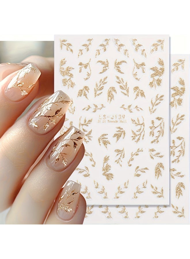 Rozino 1pc 3D Golden Glitter Leaf Nail Art Stickers, Shiny Shimmer Self-Adhesive Floral Decals for DIY Manicure - Image 1