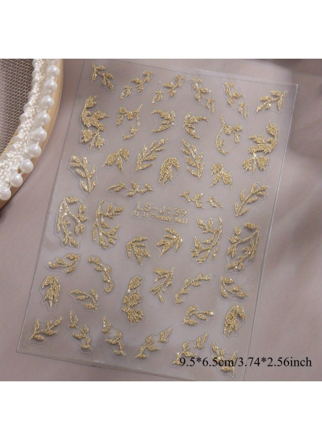 Rozino 1pc 3D Golden Glitter Leaf Nail Art Stickers, Shiny Shimmer Self-Adhesive Floral Decals for DIY Manicure - Image 2