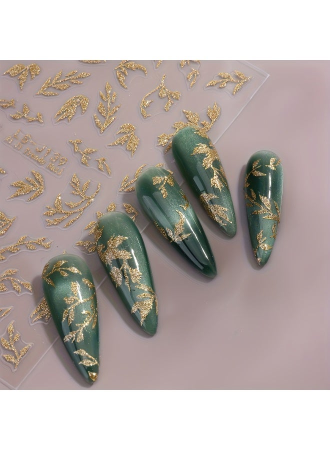 Rozino 1pc 3D Golden Glitter Leaf Nail Art Stickers, Shiny Shimmer Self-Adhesive Floral Decals for DIY Manicure - Image 5