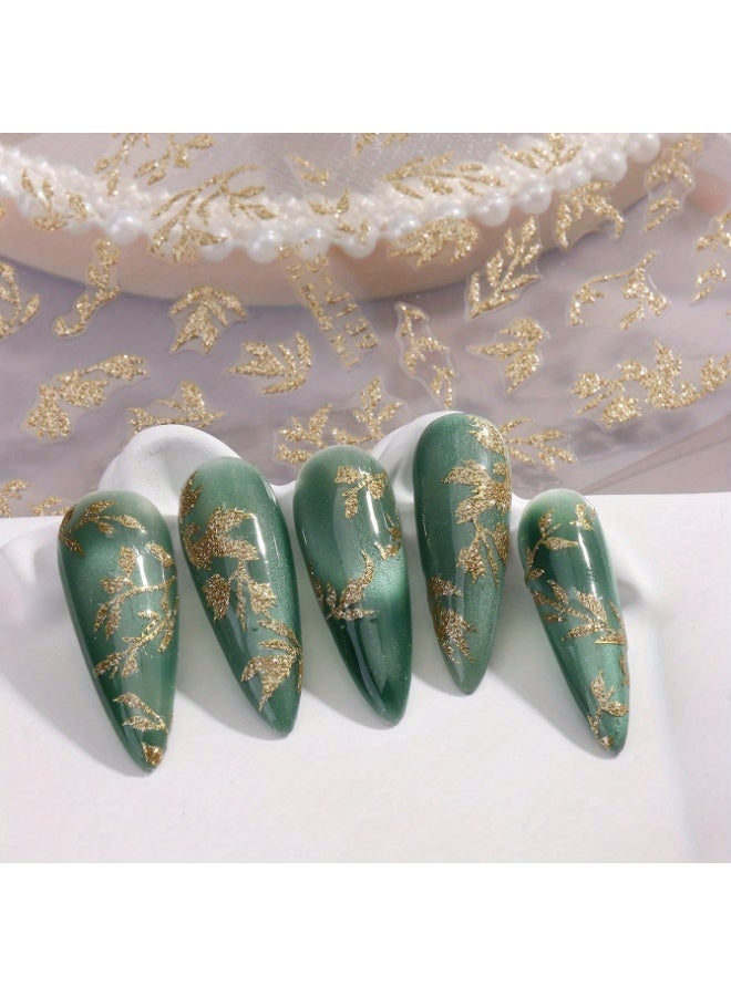 Rozino 1pc 3D Golden Glitter Leaf Nail Art Stickers, Shiny Shimmer Self-Adhesive Floral Decals for DIY Manicure - Image 4