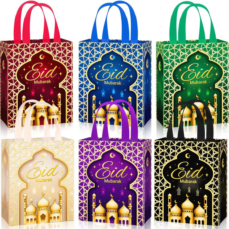 Clysee 12 Pcs Eid Mubarak Reusable Gift Bags with Handles Non Woven Ramadan Mubarak Gift Bags 6 Colors Eid Mubarak Treat Bags Gift Wrap Bags 102 x 83 x 39 Inch Reusable Tote Bags for Gifts - Image 2
