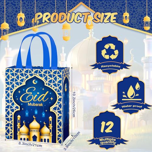 Clysee 12 Pcs Eid Mubarak Reusable Gift Bags with Handles Non Woven Ramadan Mubarak Gift Bags 6 Colors Eid Mubarak Treat Bags Gift Wrap Bags 102 x 83 x 39 Inch Reusable Tote Bags for Gifts - Image 3