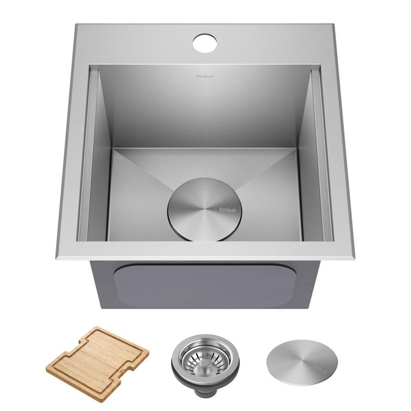 KRAUS Kore 15Inch Drop InTop Mount Workstation 16 Gauge Single Bowl Stainless Steel Bar Kitchen Sinks with Accessories