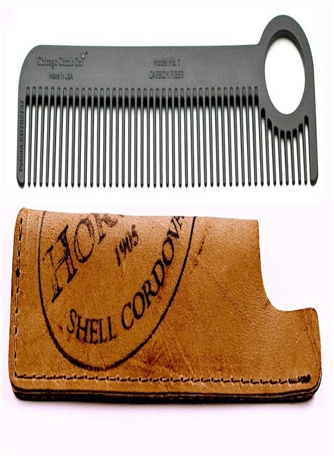 Chicago Comb Model 1 Carbon Fiber Comb + Horween Shell Cordovan Color No. 8 sheath, Made in USA, ultimate pocket & travel comb, smooth strong & light, anti-static, premium American leather - Image 1