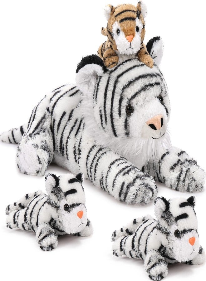 MaoGoLan 4Pcs White Tiger Stuffed Animals, 17.7 inches Large Tiger Plush Toy Set, Stuffed Mommy Tiger with 3 Cubs, Gifts for Boys Girls, Birthday Christmas Festive Decor - Image 1