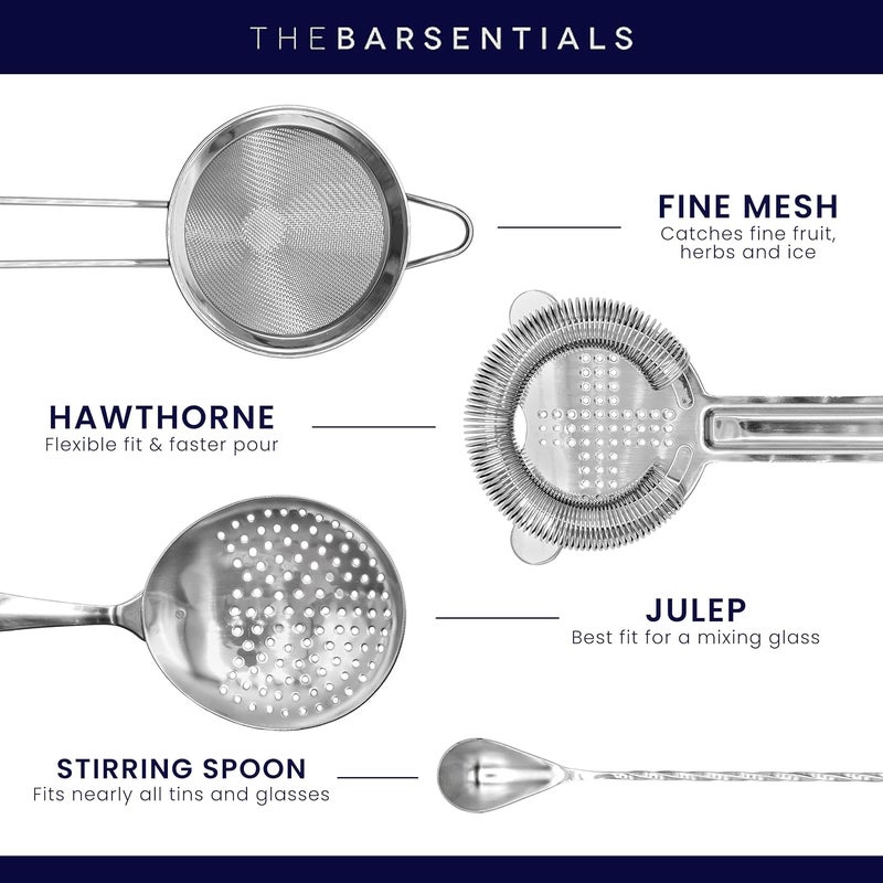 TheBarsentials Cocktail Strainer Set Stainless Steel Bar Tools with Stirring Spoon - Hawthorne, Julep, & Fine-Mesh Sifter for Drinks - Image 2