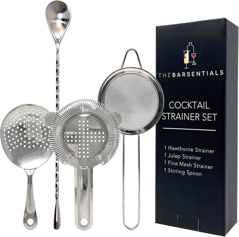 TheBarsentials Cocktail Strainer Set Stainless Steel Bar Tools with Stirring Spoon - Hawthorne, Julep, & Fine-Mesh Sifter for Drinks - Image 1
