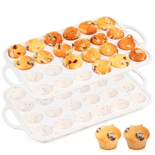 AOTASO 2 Pcs Mini Muffin Pans with Metal Reinforced Frame, 24 Cups Nonstick Silicone Cupcake Tray for Baking, Food Grade Small Muffin Molds with Handles (Cream) - Image 1